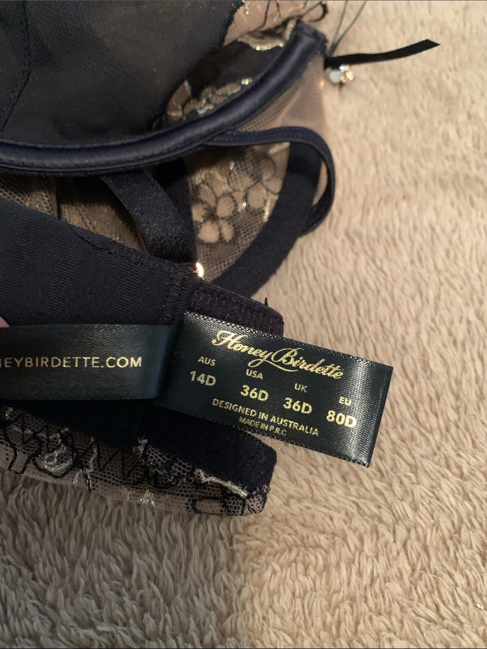 Honey Birdette Black Bra with Gold Floral Embroidery Thandie 36D - Picture 4 of 4